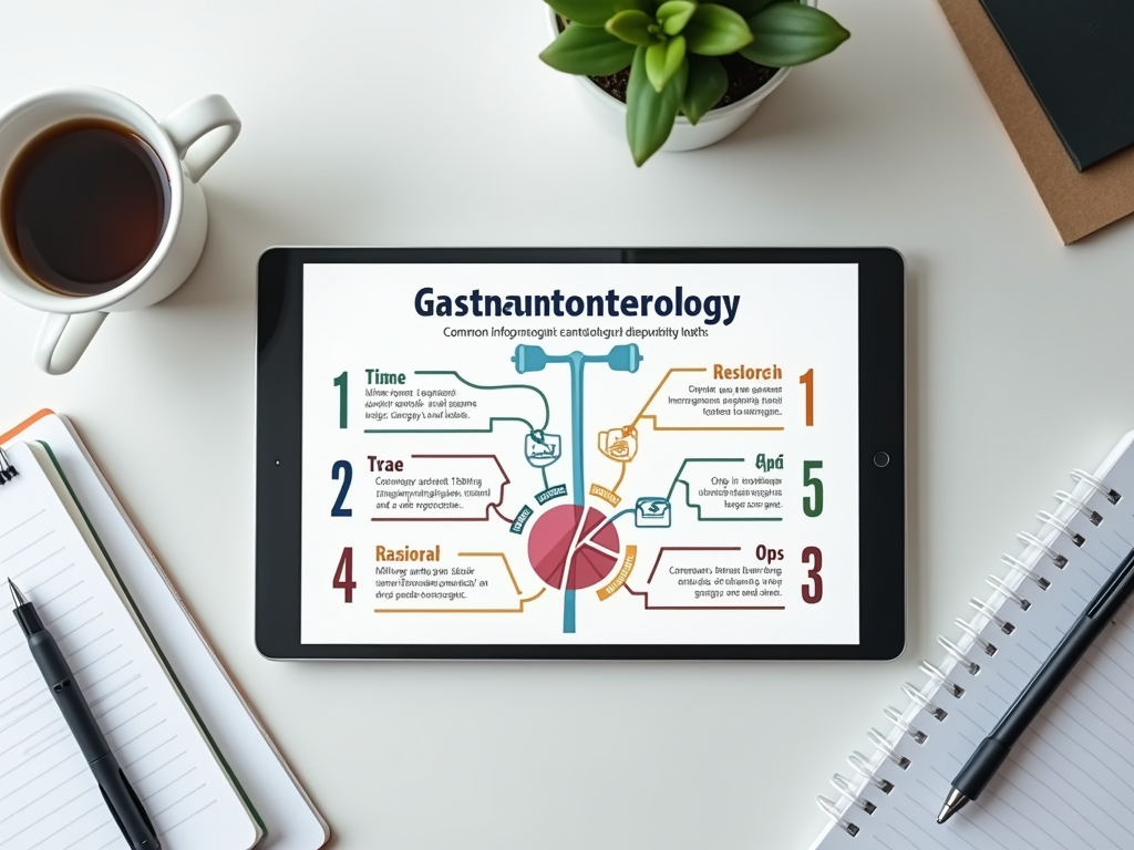 На планшете представлена инфографика о гастроентерологии с указанием этапов и их описанием.